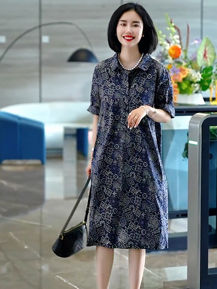 欧货轻奢连衣裙2023夏季新款时尚蓝色印花宽松显瘦翻领高端裙子