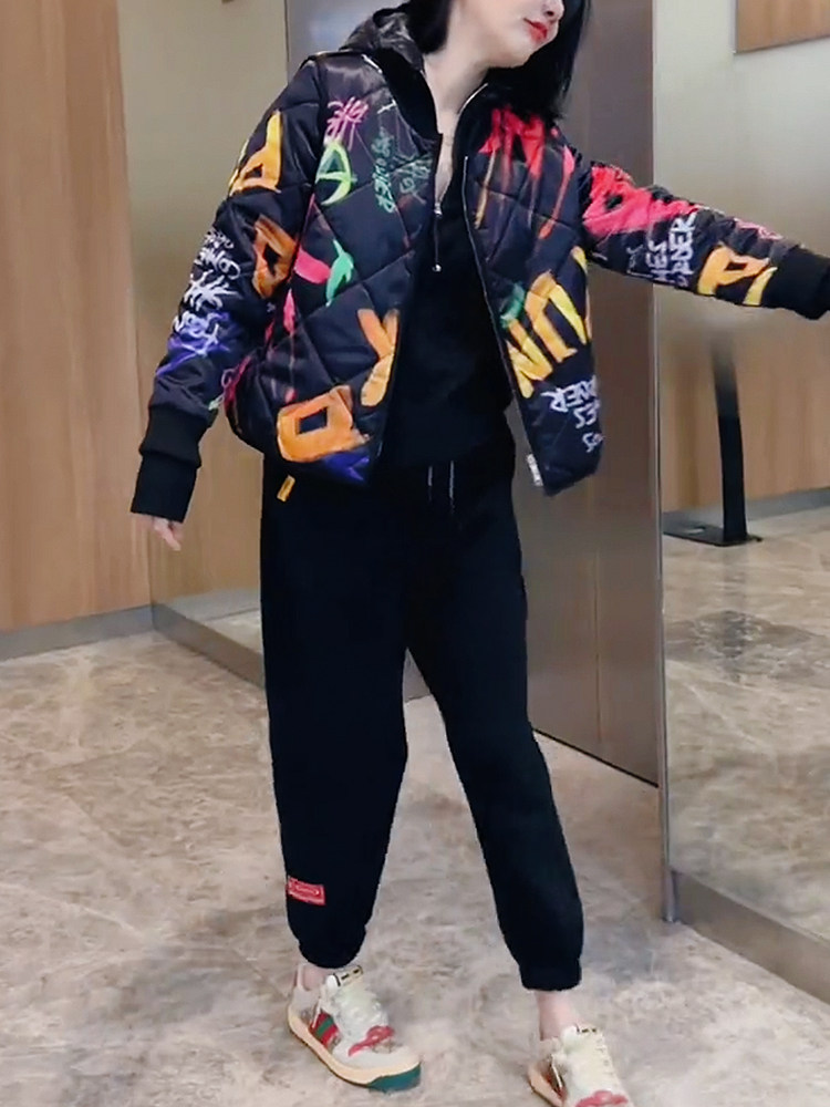 炸街潮流涂鸦棉服宽松短款外套