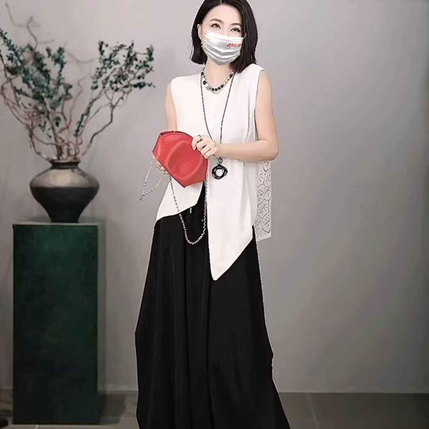 无袖背心不规则开衫上衣叠穿