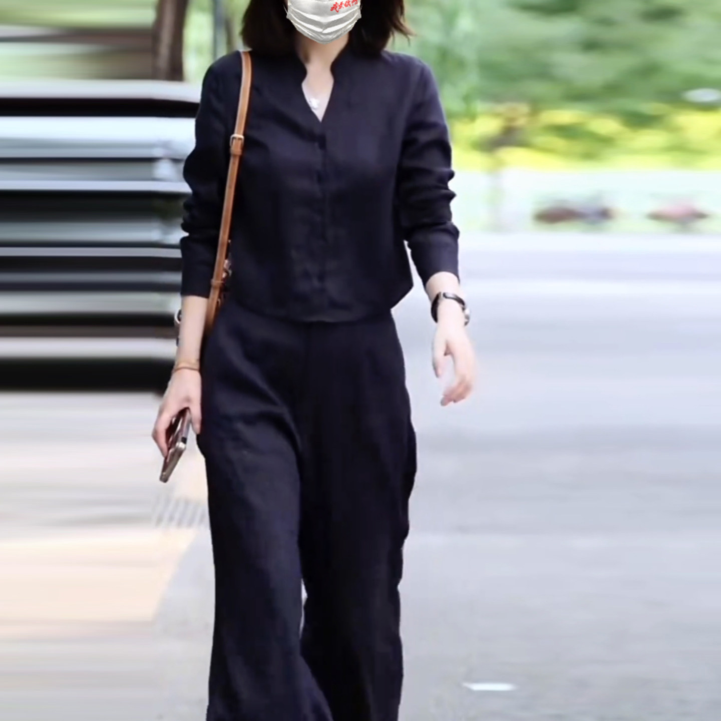夏季亚麻V领衬衫阔腿裤两件套