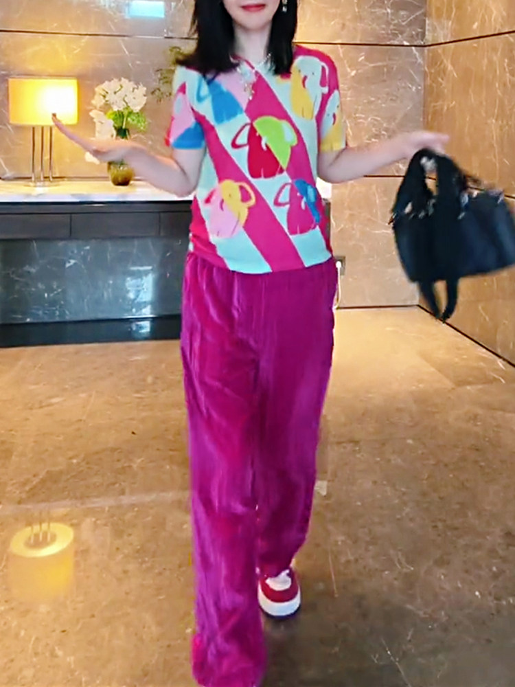卡通抽象印花T恤上衣裤子套装女
