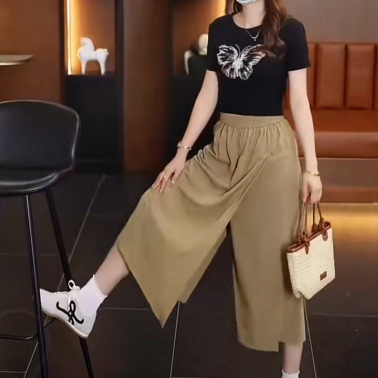 不规则冰丝阔腿大码胖mm休闲裤女