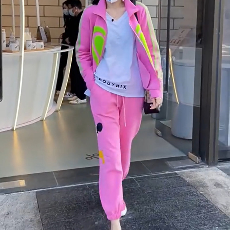 2024春秋新款套装女卡通米老鼠夹克宽松外套粉色卫裤棒球服两件套