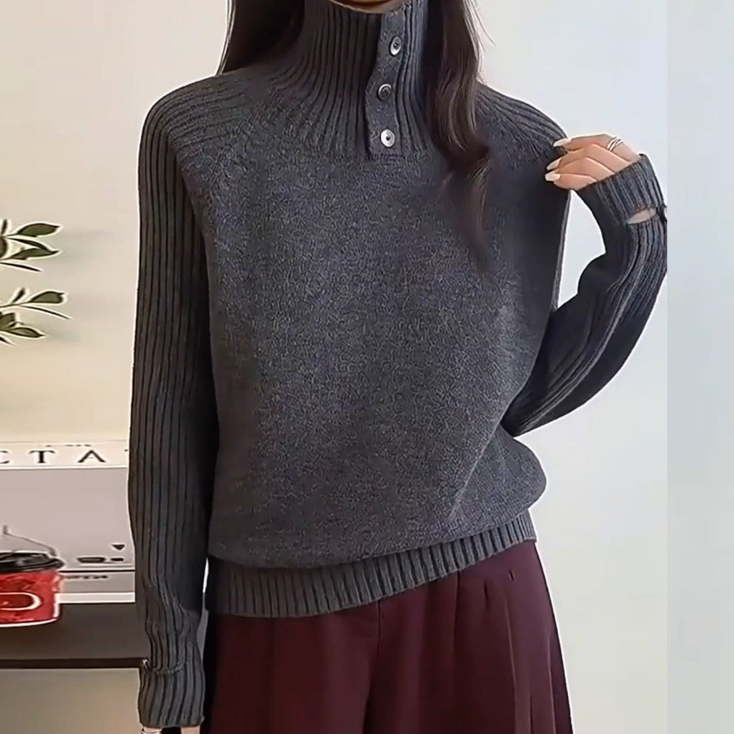 秋冬高领纽扣宽松显瘦羊毛衫女