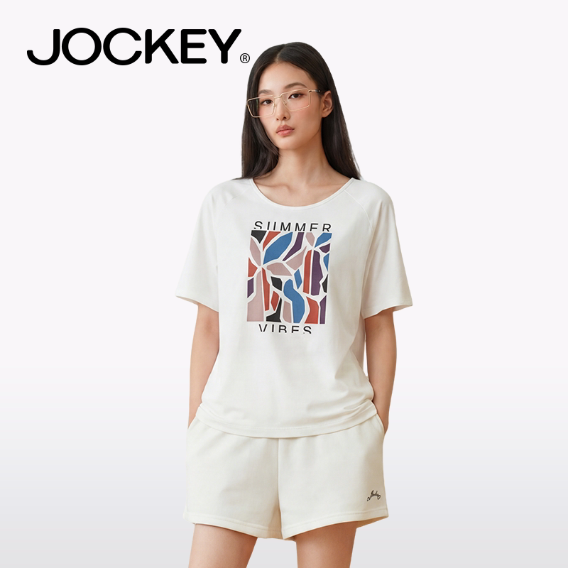 jockey女士短袖t恤白色基础打底衫时尚印花亲肤舒适夏季女装上衣 - 实物图