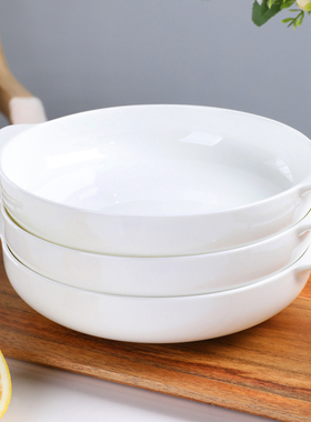 纯白色双耳深盘家用窝盘骨瓷菜盘8英寸汤盘深口碟子创意炒菜盘子