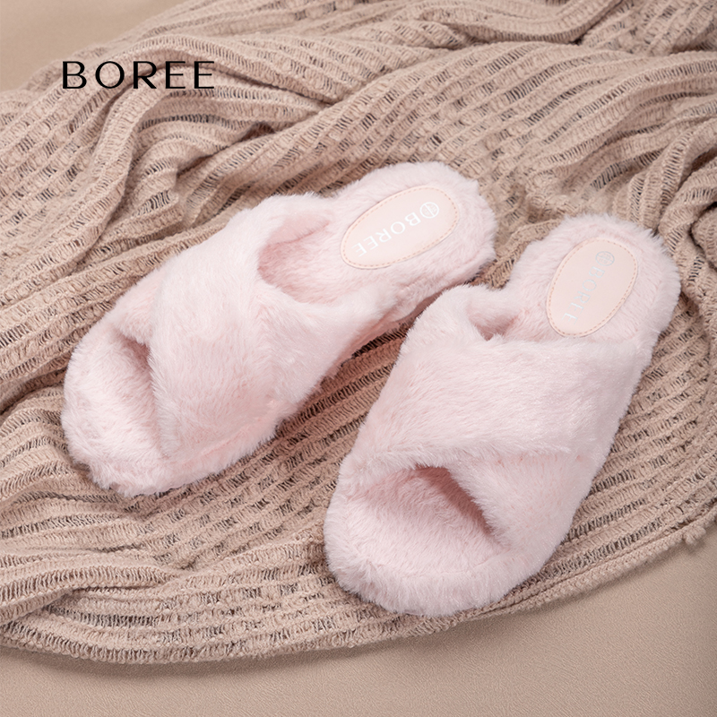 宝人粉色毛毛拖鞋女外穿柔软舒适潮2024年秋冬新款室内居家棉拖鞋