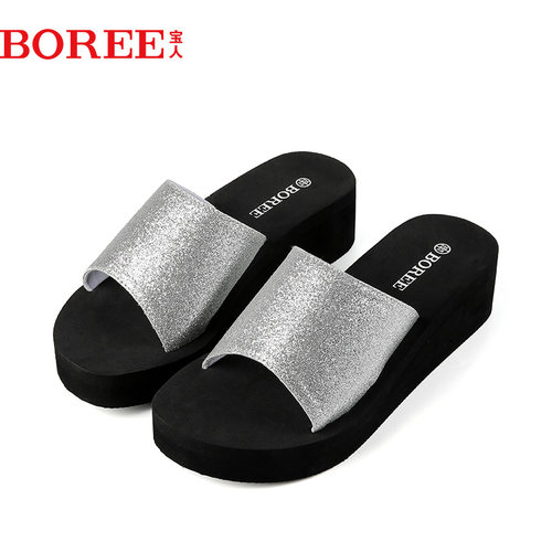 Boree/宝人石墨烯拖鞋女夏季坡跟增高外穿防滑厚底学院风欧美凉拖