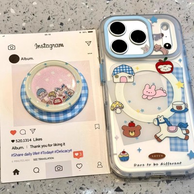 卡通可爱蓝格纹小熊木马房屋磁吸支架适用苹果17promax手机壳iPhone17pro磨砂双层壳16pro女新款15防摔保护套