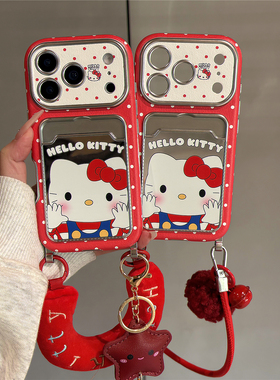 新年红色kitty猫卡包可插卡适用苹果17promax手机壳iphone17pro新款16pro大视窗镜面15手拎挂件14防摔保护套