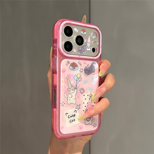 趣味可爱玫粉ins卡通气球猫咪贴图适用苹果17promax手机壳iPhone17pro女新款1pro超好看独特15全包防摔保护套