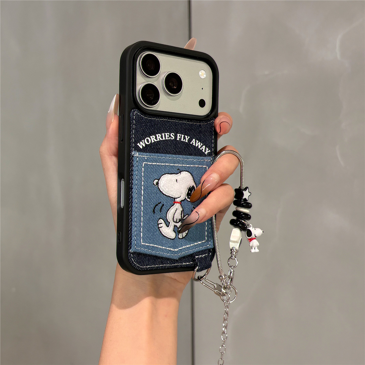 牛仔刺绣卡通史努比适用苹果18promax手机壳iphone17pro新款16pro卡包可插卡15pro链条挂绳18创意防摔保护套