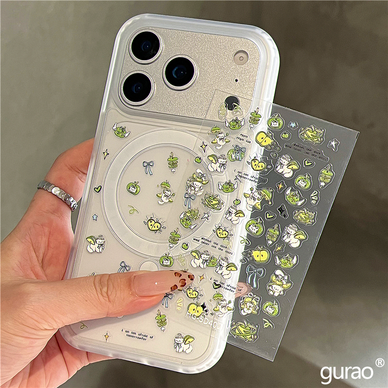 超可爱猫咪青苹果DIY贴纸适用苹果17promax手机壳磁吸iphone16女新款15磨砂肤感17pro防摔16pro保护套14网红