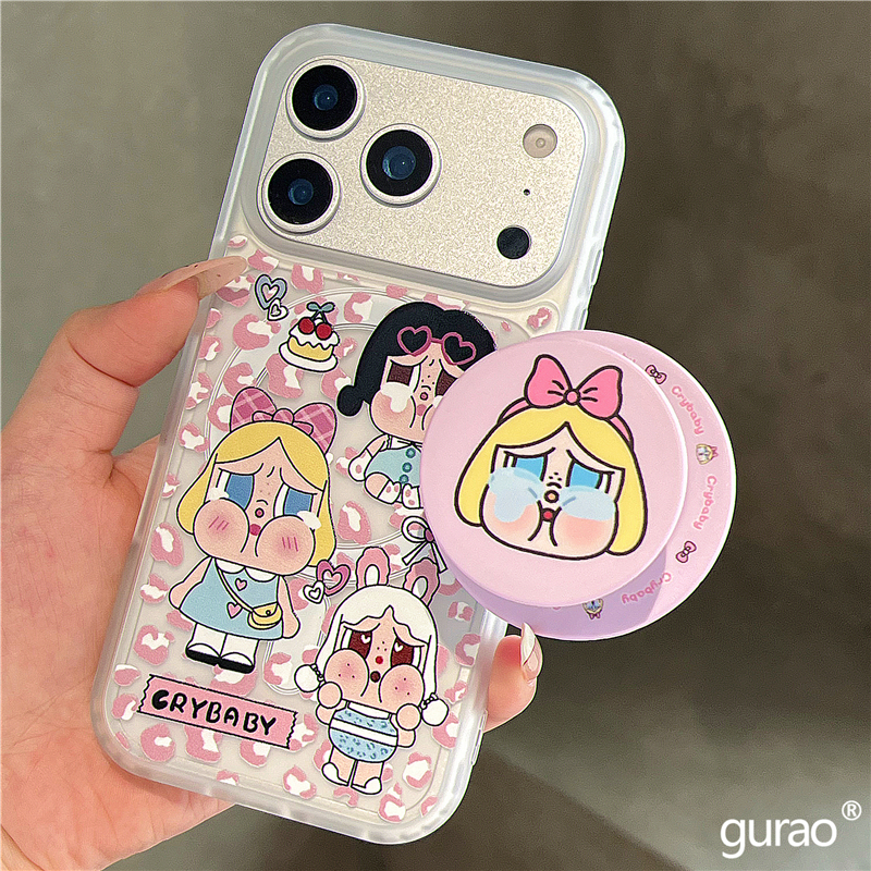 可爱粉色豹纹卡通哭娃磁吸支架适用苹果17promax手机壳iphone16女新款15磨砂肤感17pro防摔16pro保护套14网红