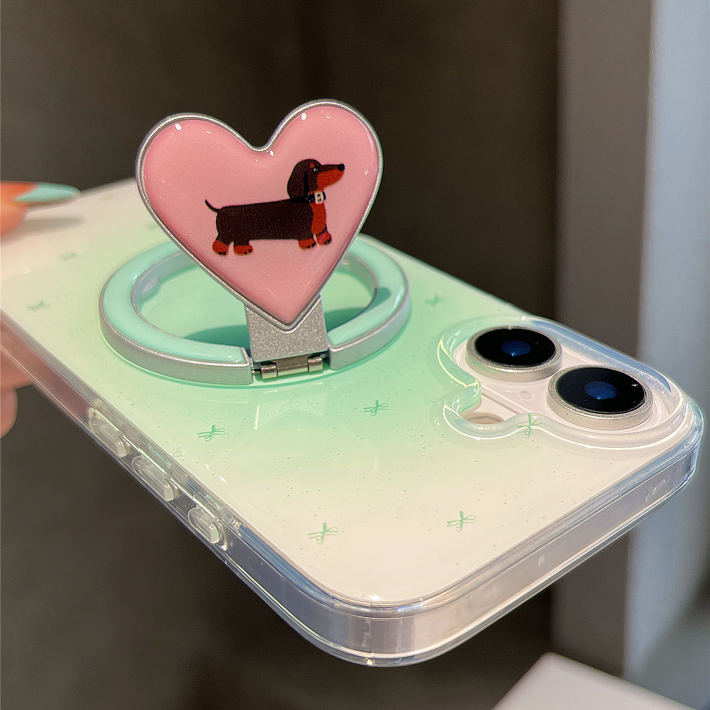 gurao 薄荷绿晕染腊肠狗磁吸支架适用苹果16promax手机壳iphone13新款15超好看女款16pro防摔14pro双层保护套