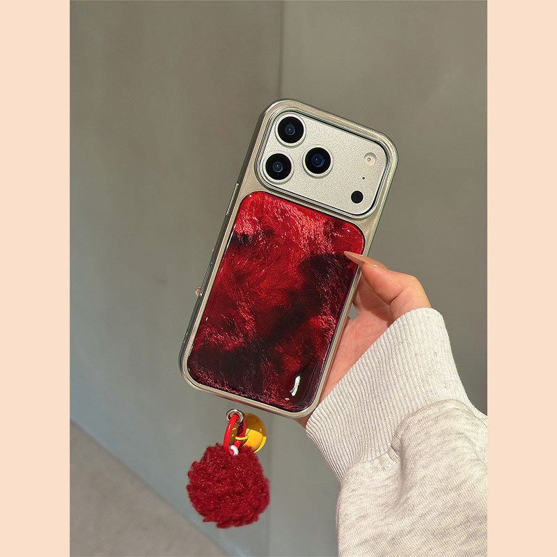 电镀红色晕染锡纸纹适用苹果17promax手机壳iphone16女新款17pro毛球挂件16pro全包防摔15pro保护套14高级感,3C数码配件,手机保护套/壳,淘宝优惠券,粉丝福利购,淘宝优惠卷