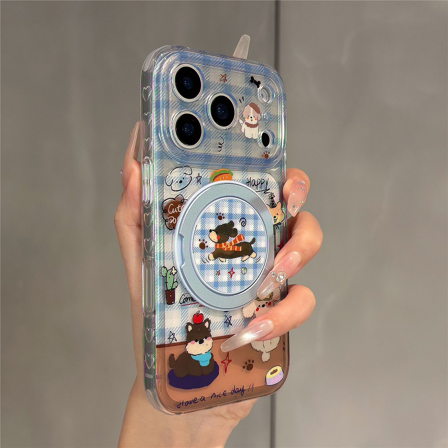 日韩卡通蓝格纹腊肠狗360旋转支架适用苹果17promax手机壳