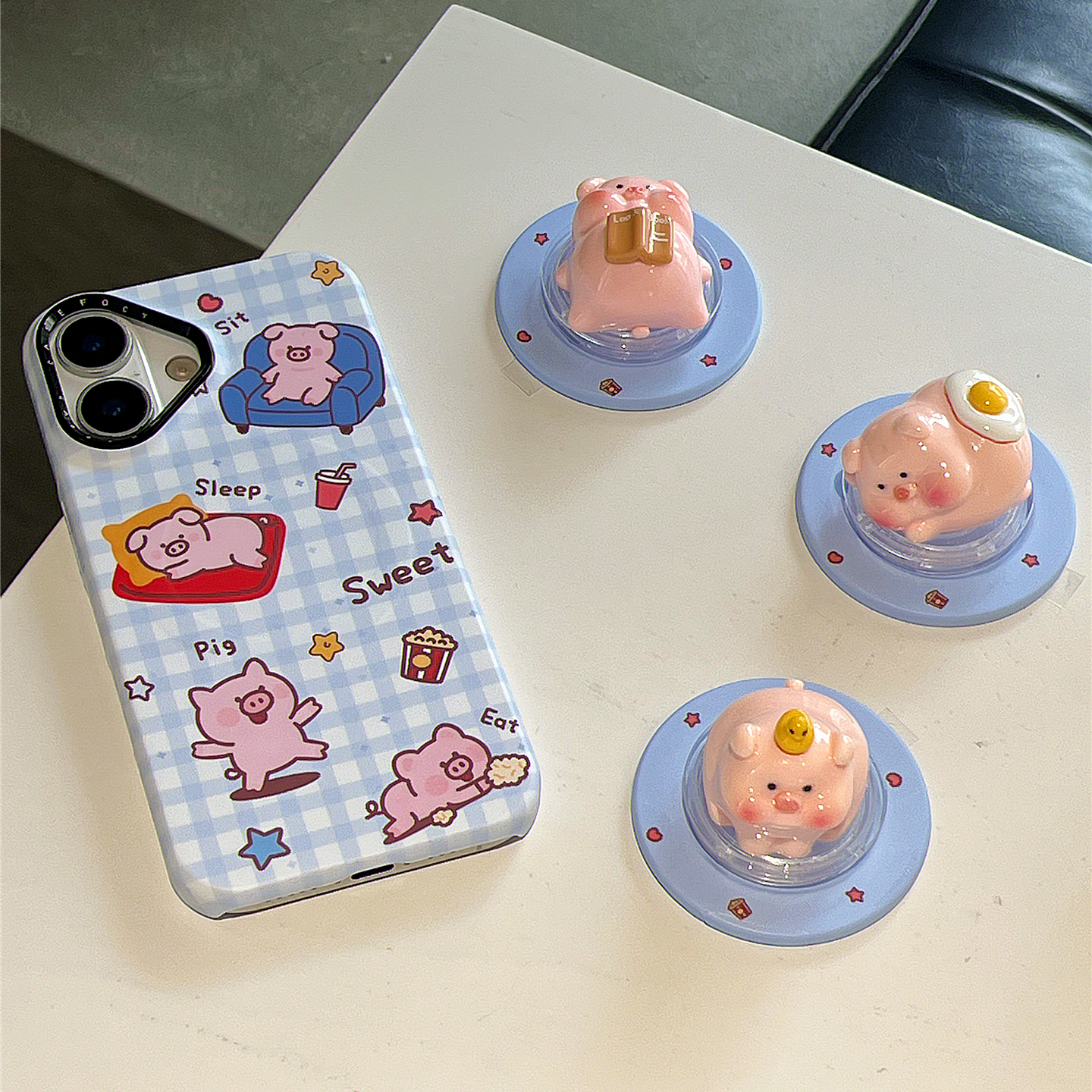 gurao 卡通蓝格纹倒立小猪磁吸支架适用苹果16promax手机壳iphone13新款15超好看16pro防摔14pro菲林保护套女