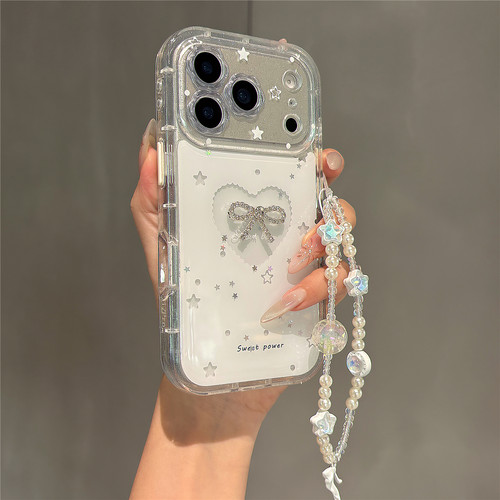 韩系少女奶白色闪钻蝴蝶结适用苹果17promax手机壳iphone17pro女新款16带手机链条15全包防摔14保护套13软胶