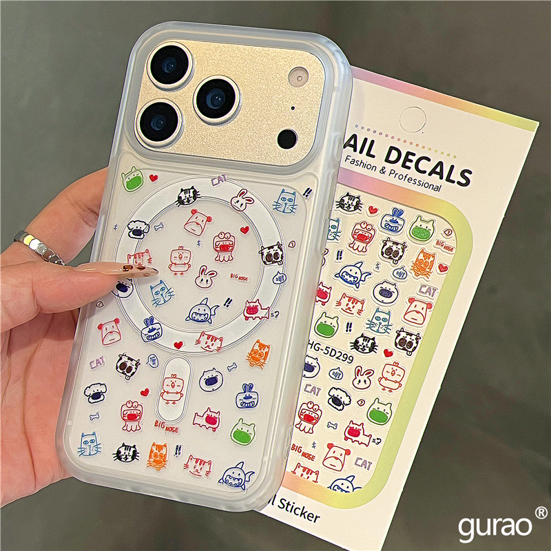 卡通抽象彩色动物DIY贴纸适用苹果17promax手机壳磁吸iphone16女新款15磨砂肤感17pro防摔16pro保护套14网红
