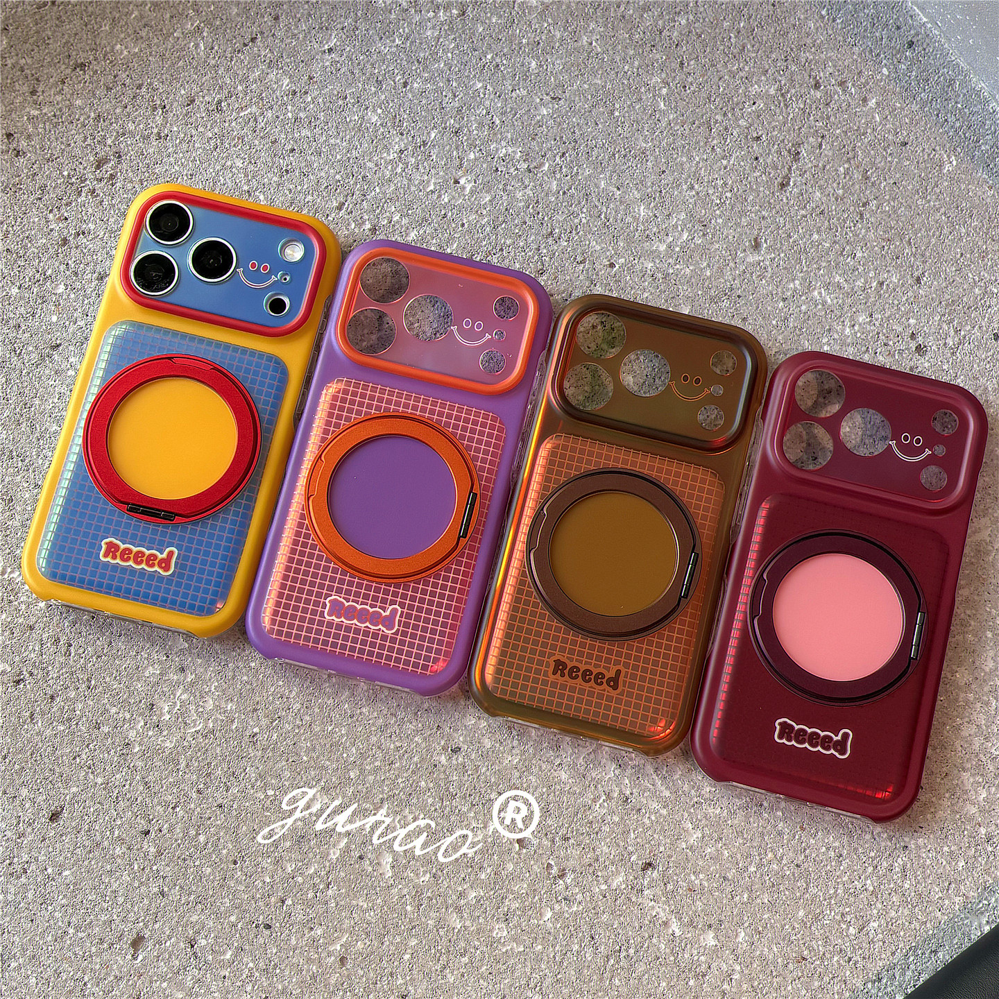 格纹撞色笑脸360旋转支架适用苹果18promax手机壳iphone17pro新款16pro不会撞壳艺术15pro双层全包防摔保护套
