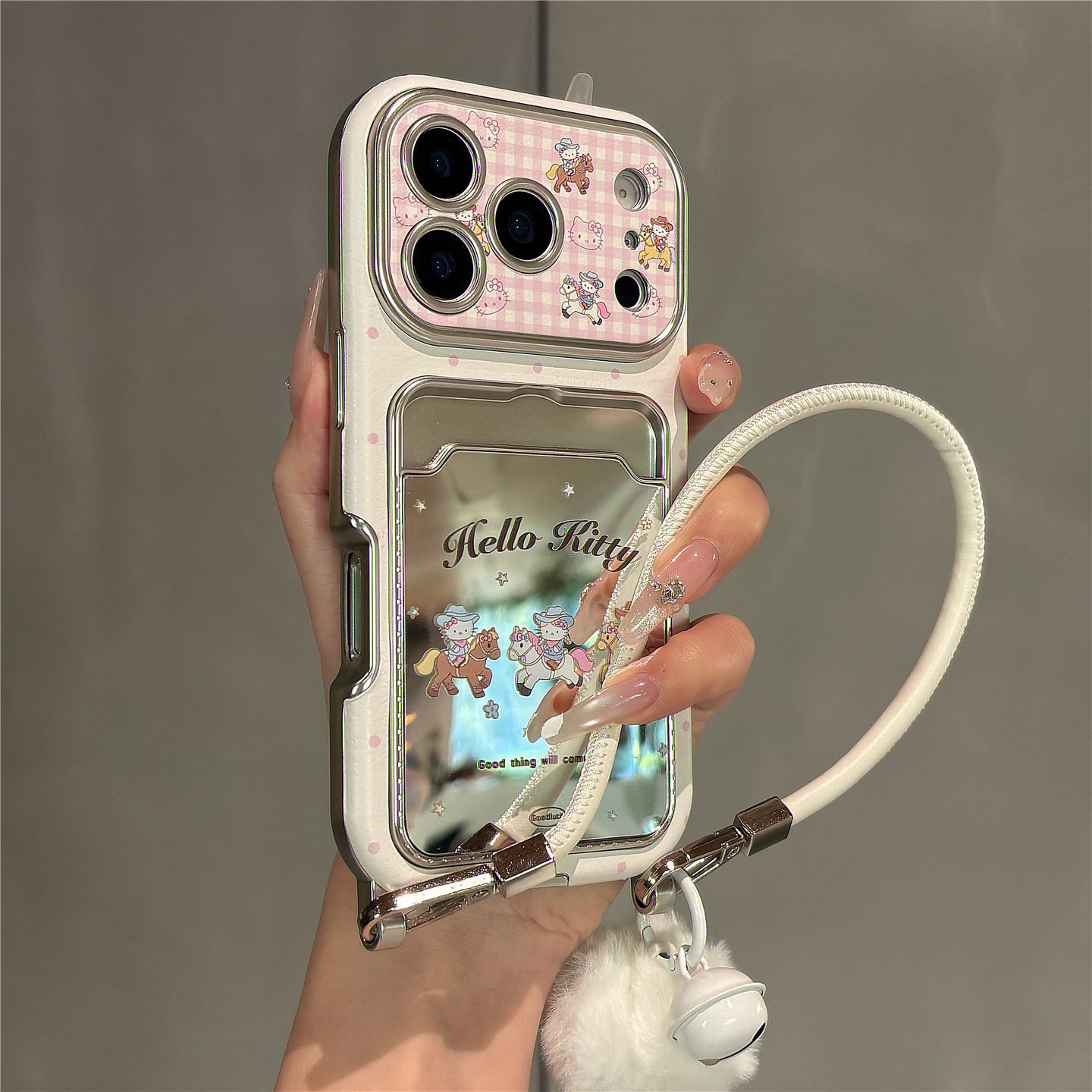 卡通可爱木马kt猫镜面卡包可插卡适用苹果17promax手机壳iPhone17pro女新款16pro手拎挂绳15软胶14防摔保护套