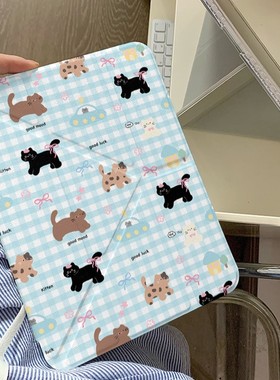 蓝色格纹猫咪Y+三折适用ipad11保护套air7/6新款ipad10带笔槽11寸防摔10.2/10.9苹果平板保护套mini7女款