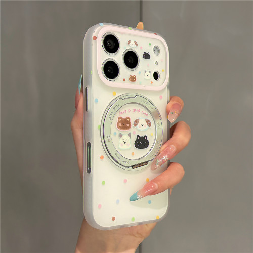 卡通彩色圆点小动物头像360旋转一体支架适用苹果17promax手机壳iPhone17pro磨砂壳16pro女新款15防摔保护套