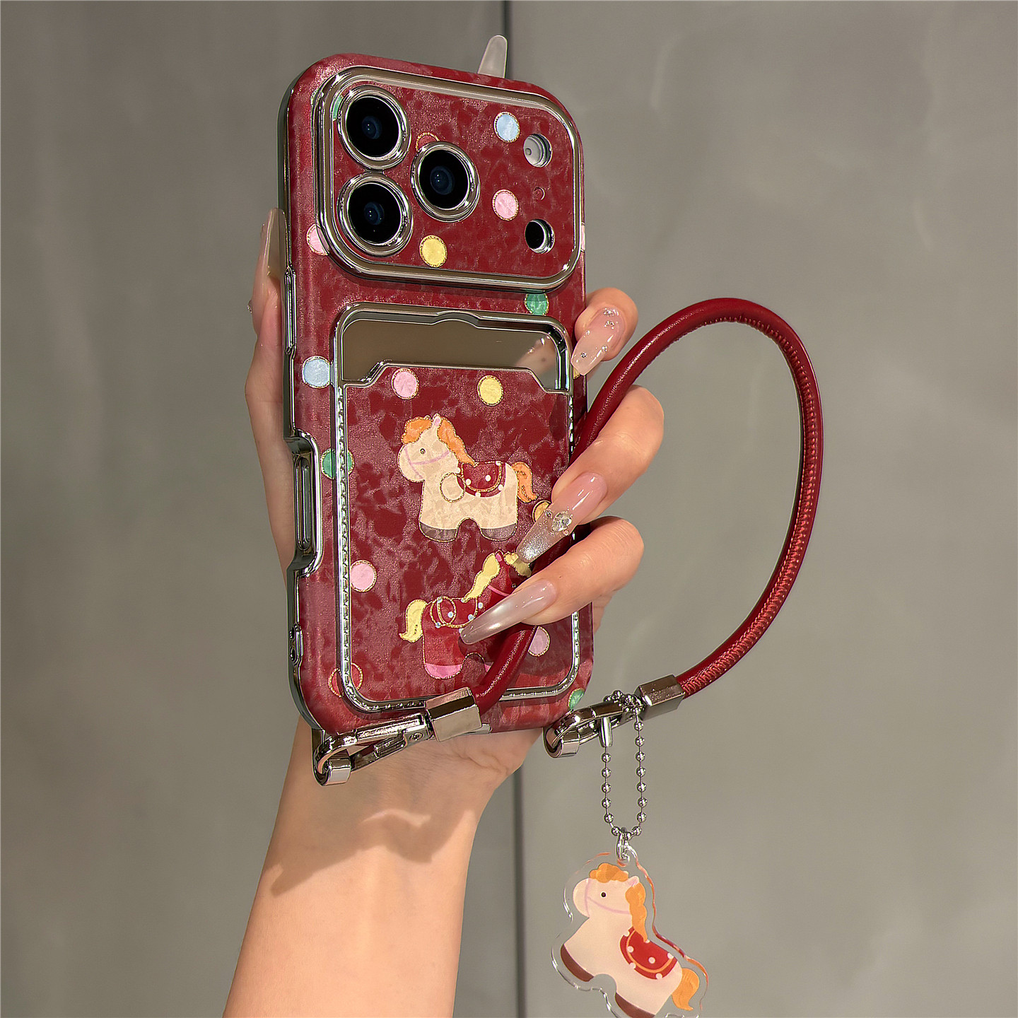 新年款酒红烫金卡通小马卡包插卡适用苹果17promax手机壳iPhone17pro皮纹壳16pro女新款15带手绳14防摔保护套,3C数码配件,手机保护套/壳,淘宝优惠券,粉丝福利购,淘宝优惠卷