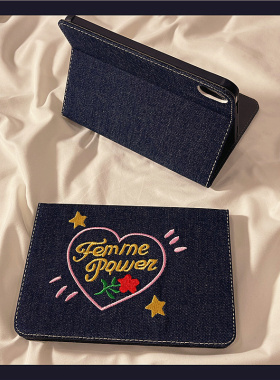 日韩ins牛仔刺绣英文适用ipad11保护套ipad10新款air7/6防摔mini7迷你2/3/4学生air5女款10.9苹果平板保护壳