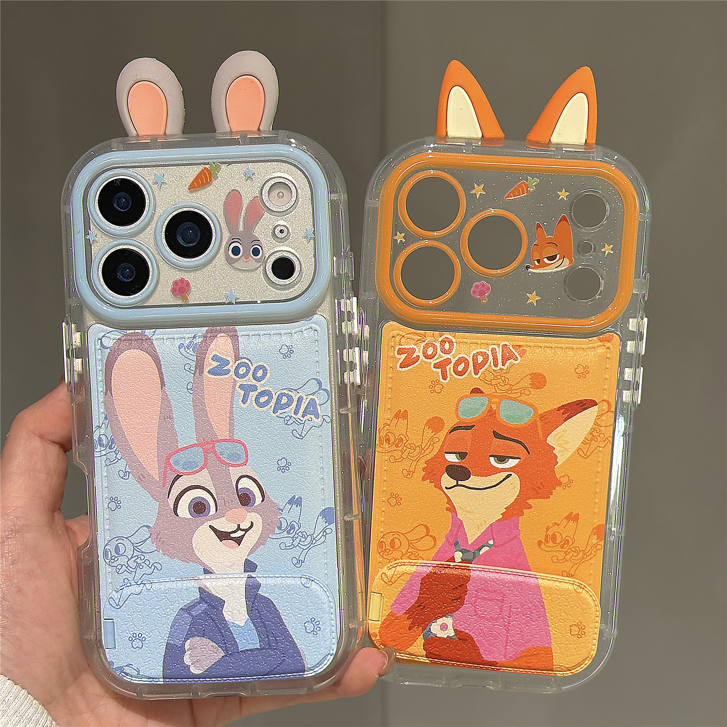 卡通立体耳朵朱迪尼克适用苹果17promax手机壳iphone17pro女新款16pro折叠镜子支架15皮纹14全包13防摔保护套