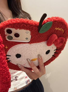 秋冬红色毛绒翻盖kitty猫适用苹果17promax手机壳iphone17pro女新款16pro挂绳15pro防摔14pro保护套14毛茸茸