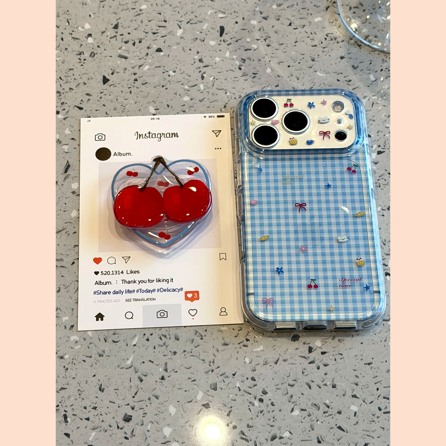 小清新蓝色格纹樱桃支架适用苹果17promax手机壳iphone