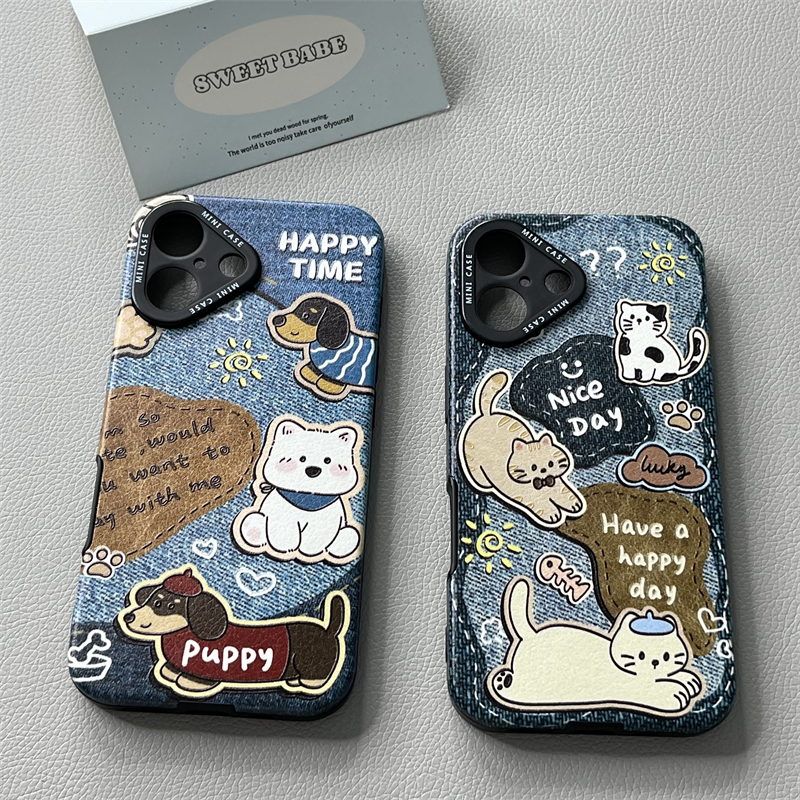 适用苹果15手机壳iphone16promax复古牛仔蓝西高地腊肠狗13可爱女款16卡通新款15pro皮革软胶14pro防摔保护套