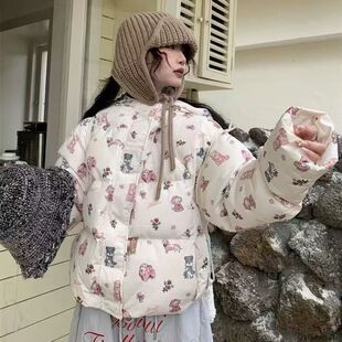 韩系Chic短款满印连帽棉服女冬季新款复古百搭甜美面包服外套