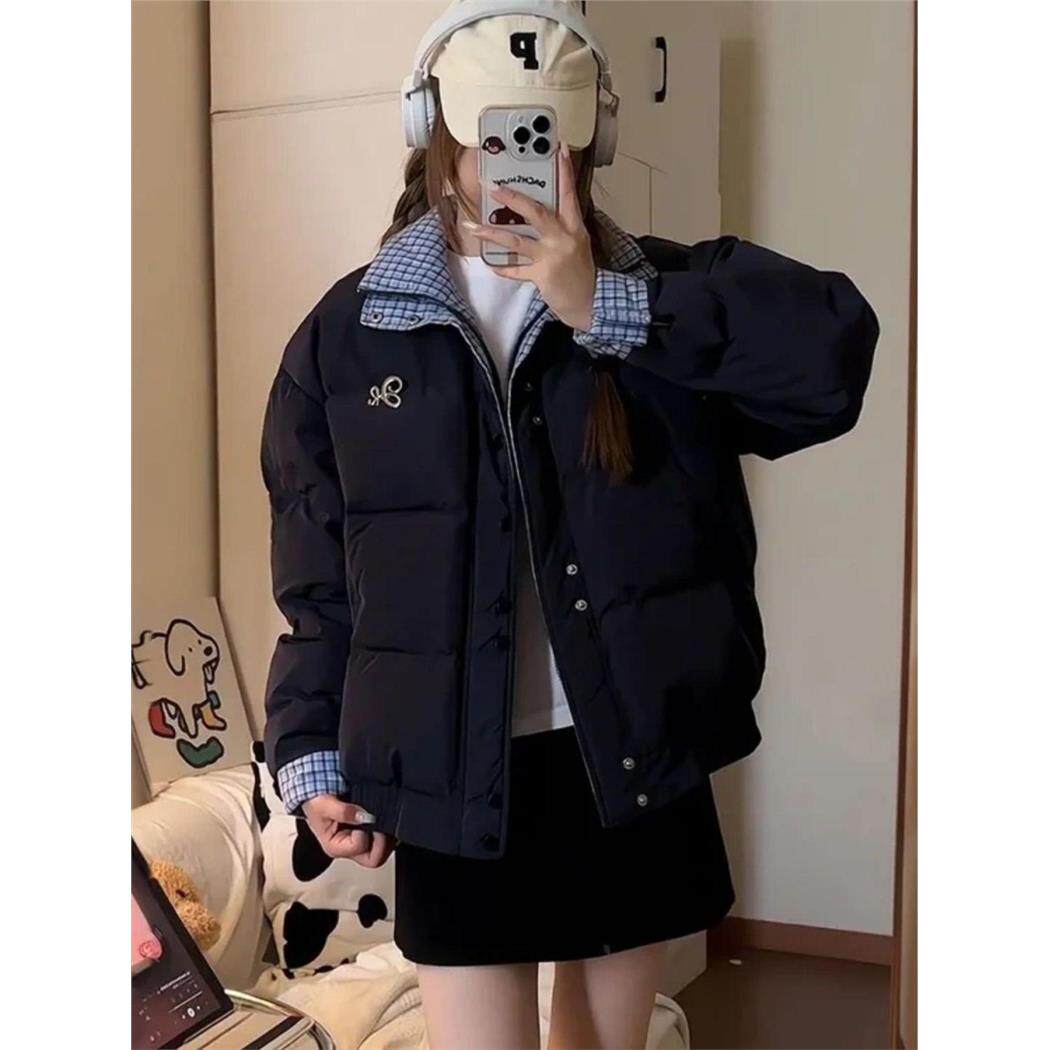 美式复古蓝色格纹拼接防寒外套棉服女学生冬季藏青色宽松保暖棉衣