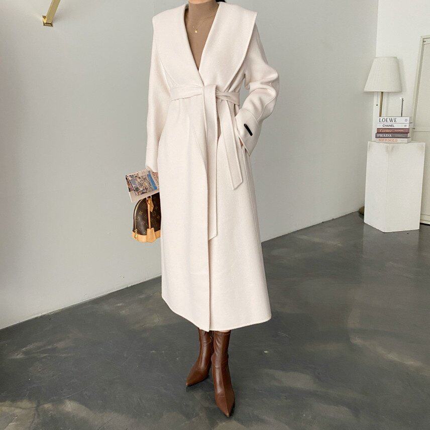 有货 韩国chic复古优雅气质宽松披肩领系带长款毛呢外套呢子大衣