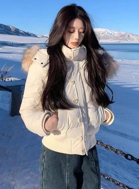 南区菲奥娜藏青可脱卸帽毛领棉服外套女冬季新款短款羽绒服