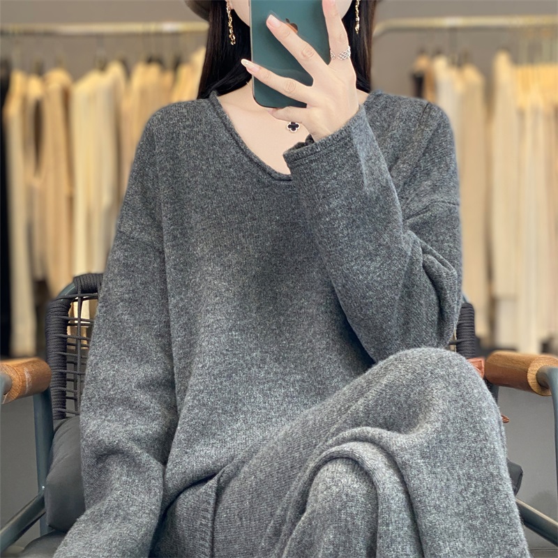 羊绒套装女V领开叉毛衣羊毛衫