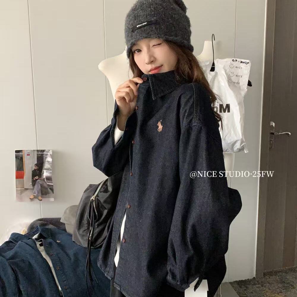 【奶思家NICE STUDIO】正品!韩版潮流翻领刺绣牛仔棉衬衫女L177