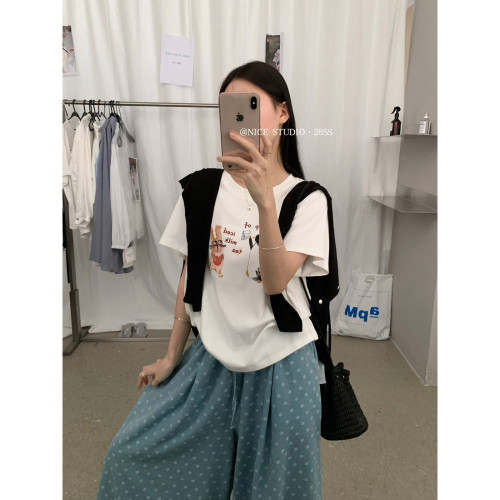 奶思家NICE STUDIO-2026夏季新款兔子印花刺绣宽松短袖T恤w63858