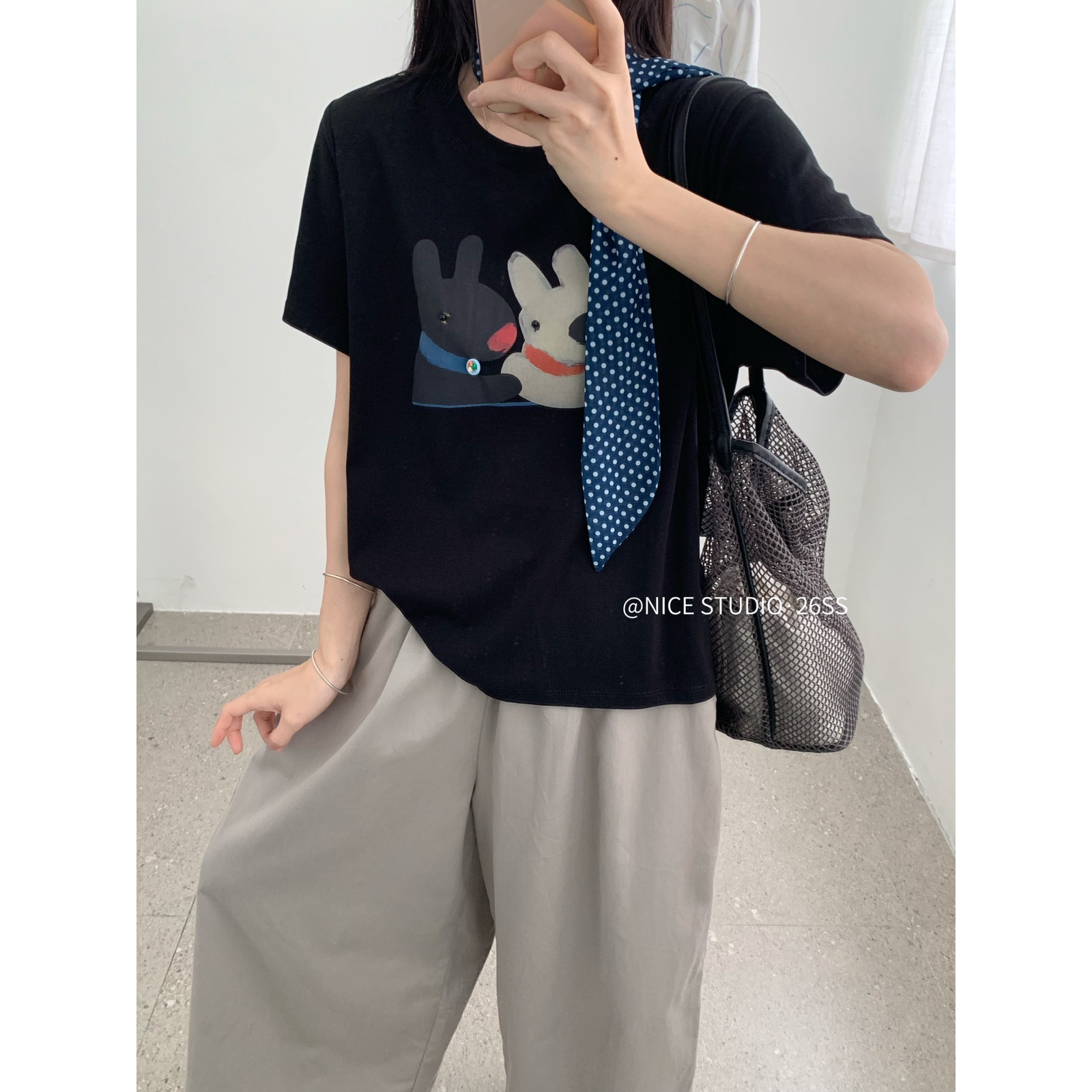 奶思家NICE STUDIO-2026夏上新爆款手绘小狗印花短袖T恤女L8870