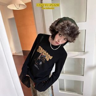 韩版 新款 十三行2025冬季 绘画BOY字母印花加绒t恤625723 FISHYU