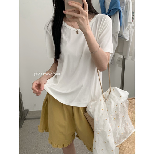 奶思家NICE STUDIO-夏上新U领纯色百搭薄款宽松短袖T恤女L8827