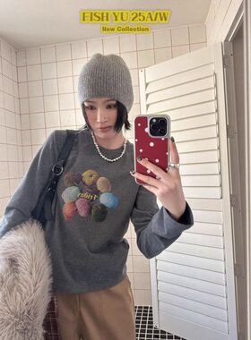 【FISHYU】正品 冬季新款韩版毛线球直喷印花加绒长袖t恤625725