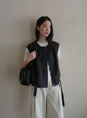 【EVER TRUE】正品！2026春新款背心皮衣PU韩版无袖工装外套6023