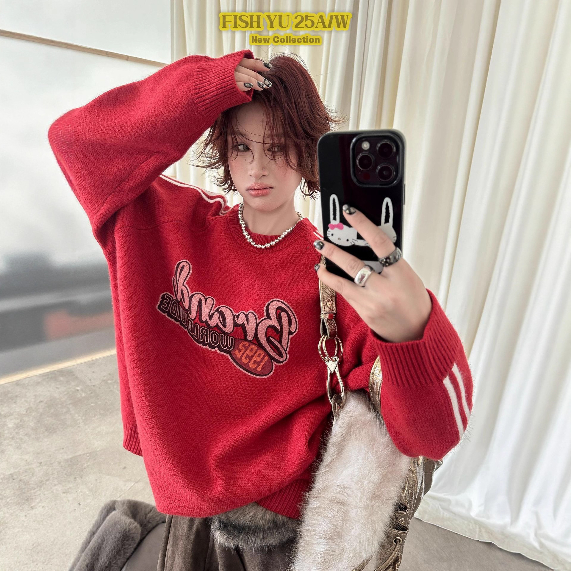 【FISH YU】正品！冬季美式字母1992印花侧边双杠圆领毛衣625697