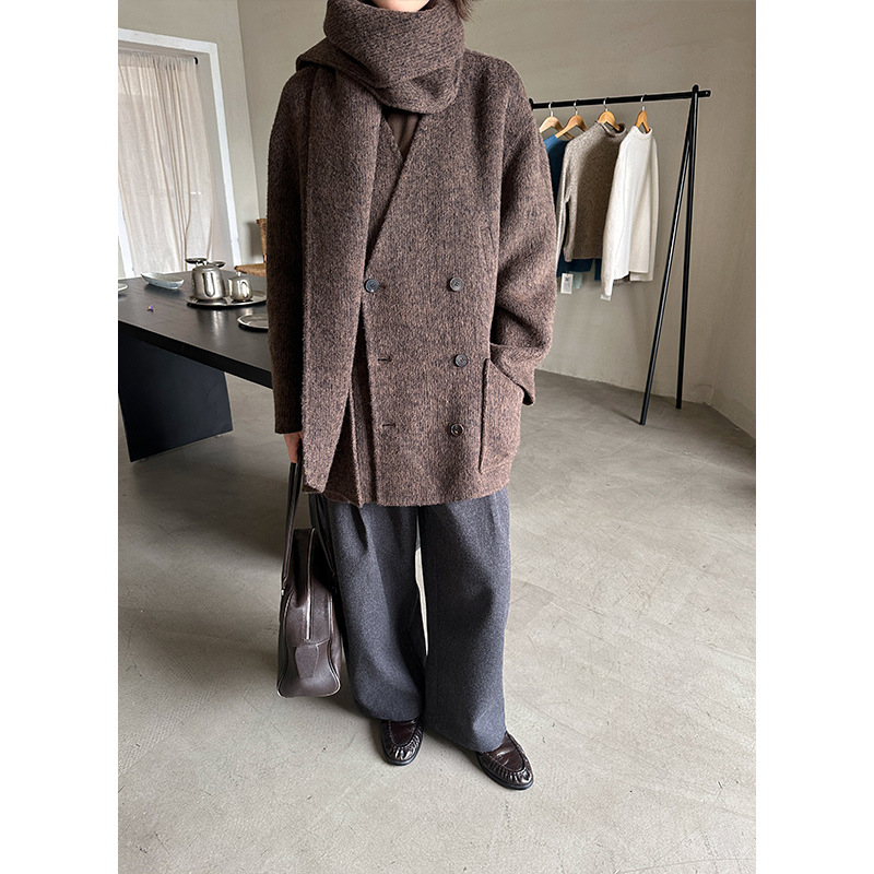 【木兰】正品！韩版简约围巾款双面呢外套女保暖羊绒大衣57033