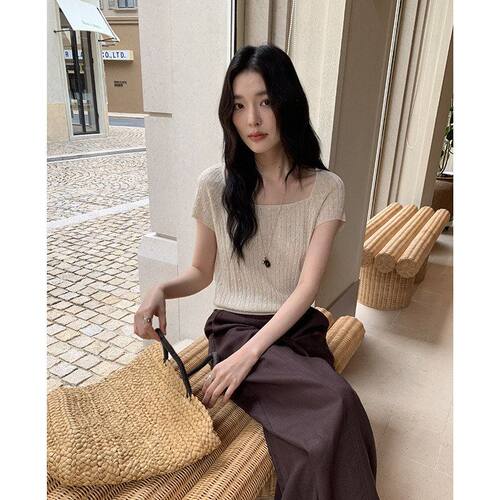 MMC多色亚麻方领短袖针织衫女系
