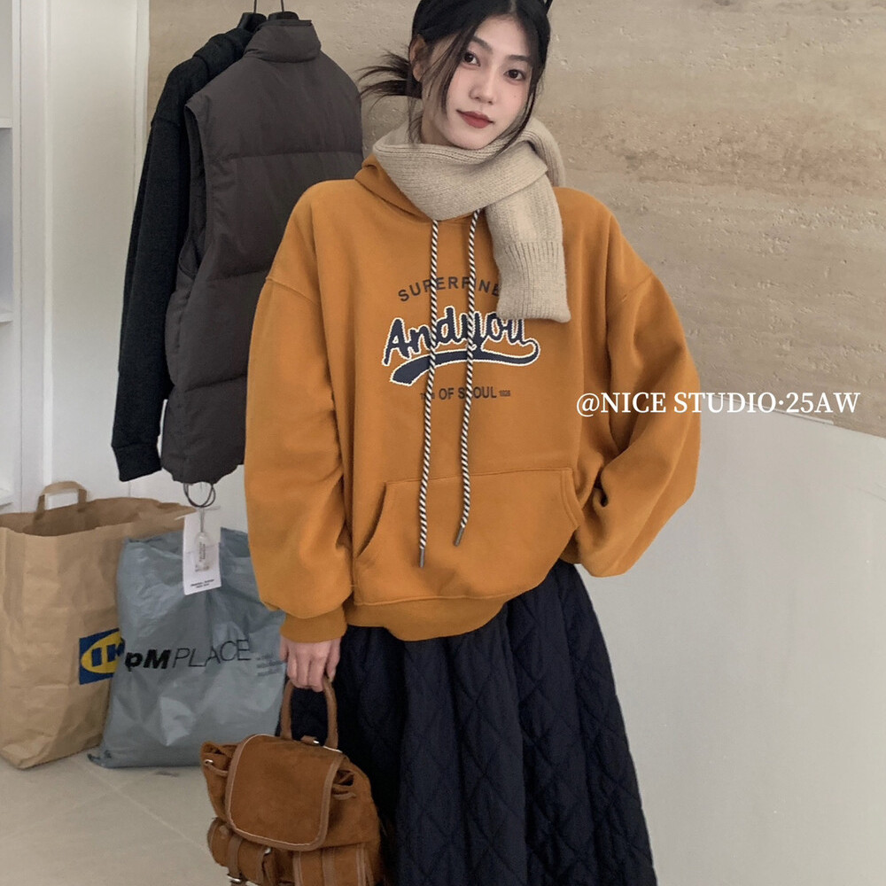 【奶思家NICE SUDIO】正品！袋鼠兜连帽抓绒英文字母卫衣女08827